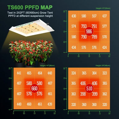 MARS HYDRO TS 600 FULL SPECTRUM 100W LED GROW LIGHT TS600 PPFD MAP